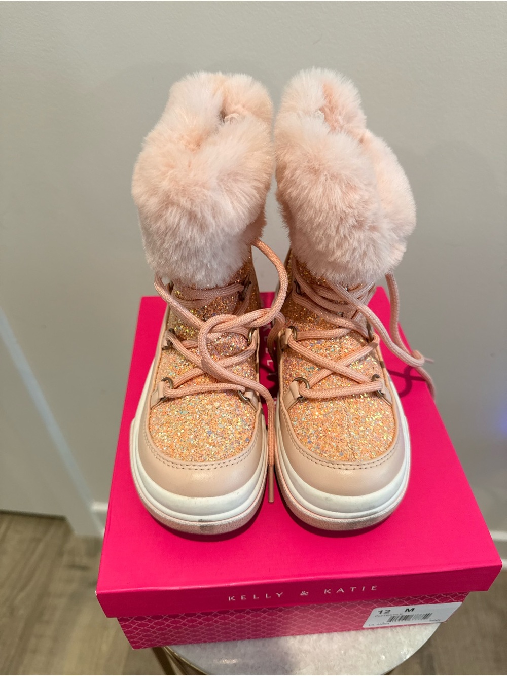Kelly & Katie Girls' Sparkle Blush Faux-Fur Lace-Up Boots